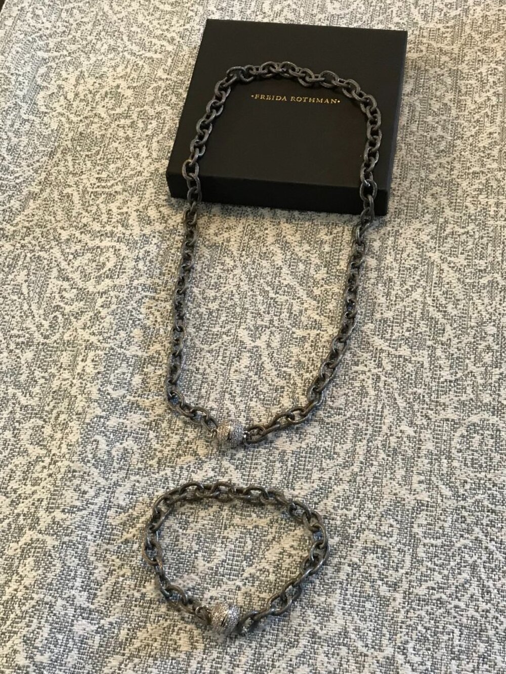 Freida Rothman Vault Necklace & Bracelet Set Two Tone Cable Chain Crystal Pavé